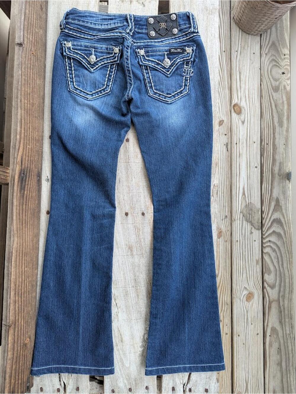 Miss Me Loose Saddle Stitch Bootcut Jeans 25 Low Rise Dark Wash Denim Fits 25x29 - Picture 7 of 9